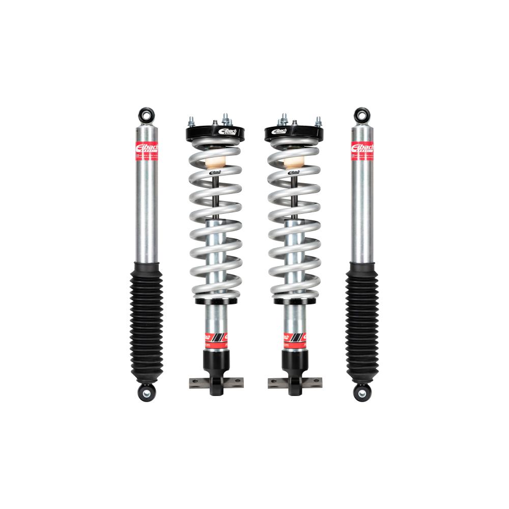 Suspension kit with two coilover struts and two shock absorbers arranged on a white background