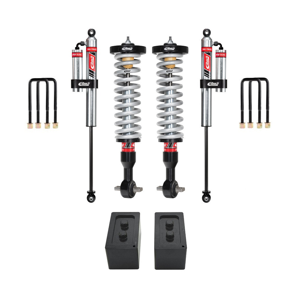 Eibach Stage 2R 0-2.2 inch Lift Kit for F-150 SuperCrew and Tremor 4WD (21-ON) with adjustable coilovers, reservoir shocks, and blocks