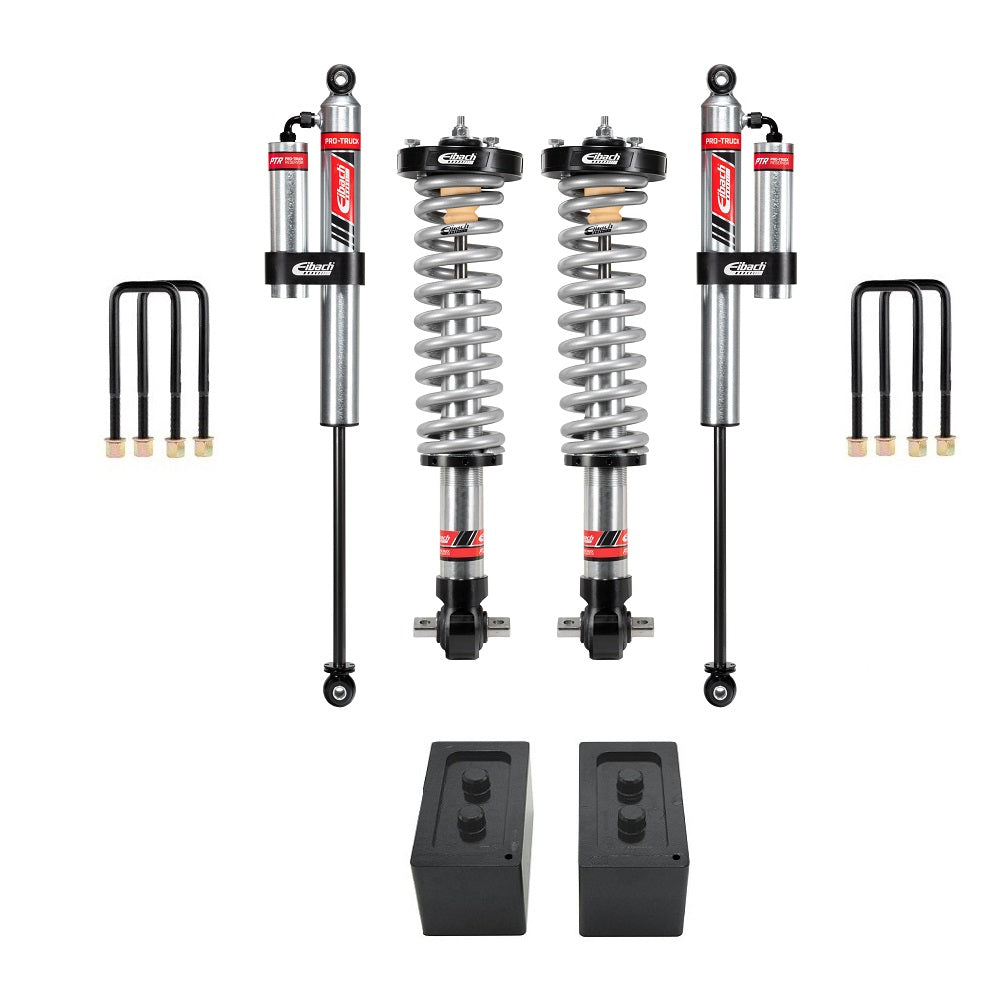 Eibach Stage 2R 0-3.2 inch Lift Kit for F-150 SuperCrew RWD (21-ON) with adjustable coilovers, reservoir shocks, blocks, and hardware components
