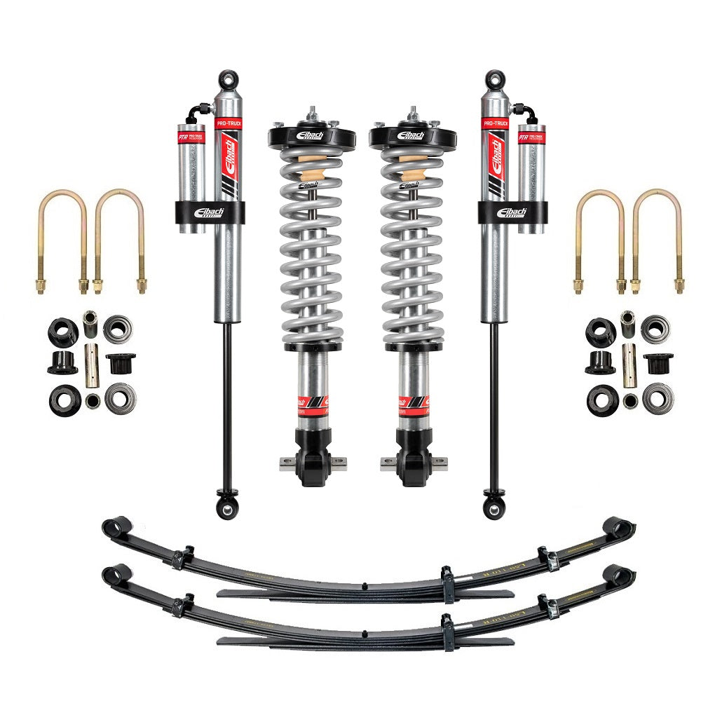 Eibach Stage 2R 0-3.2 inch Lift Kit for F-150 SuperCrew RWD (21-ON) with adjustable coilovers and heavy-duty leaf springs components laid out.