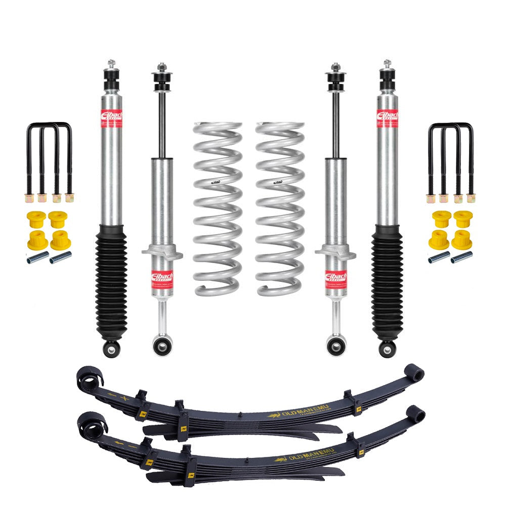 Eibach Stage 1 2.5 inch Lift Kit for Tacoma (05-15) with heavy-duty shocks, coil springs, leaf springs, and hardware