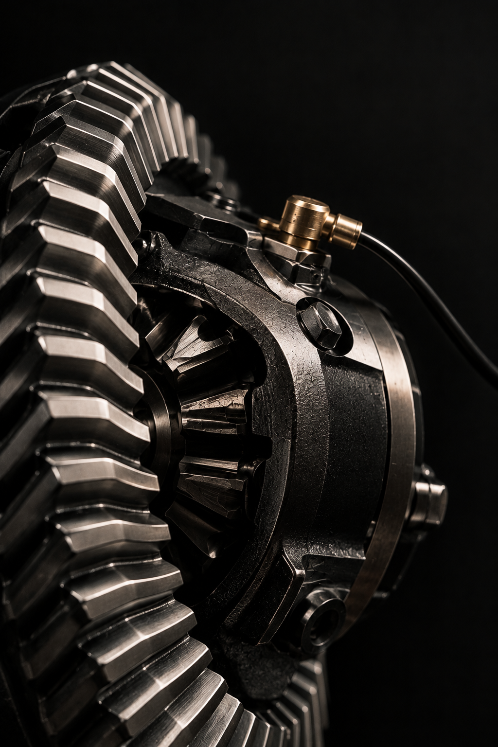 Close up of an automotive differential gear assembly with ring gear and brass air fitting
