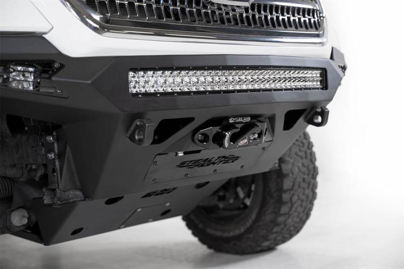 ADD Offroad Stealth Fighter Winch Bumpers F681202200103 for Toyota Tacoma 2018-2023 with integrated LED light bar and reinforced clevis mounts