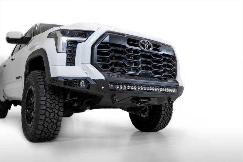 ADD Offroad Stealth Fighter Bumpers F761191760103 for Toyota Tundra 2022 with backup sensor cutouts and 40-inch light bar by Addictive Desert Designs