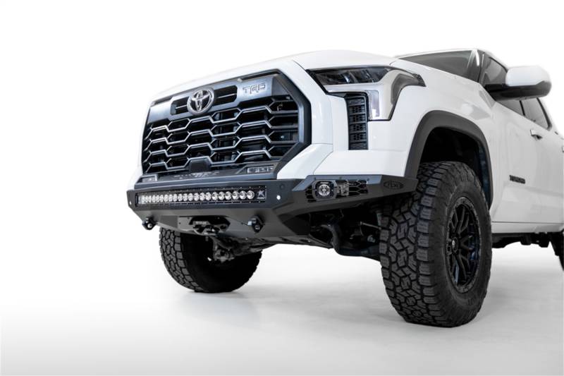 ADD Offroad Stealth Fighter Bumpers F761191760103 for Toyota Tundra 2022 with hammer black finish and 40-inch radius light bar by Addictive Desert Designs
