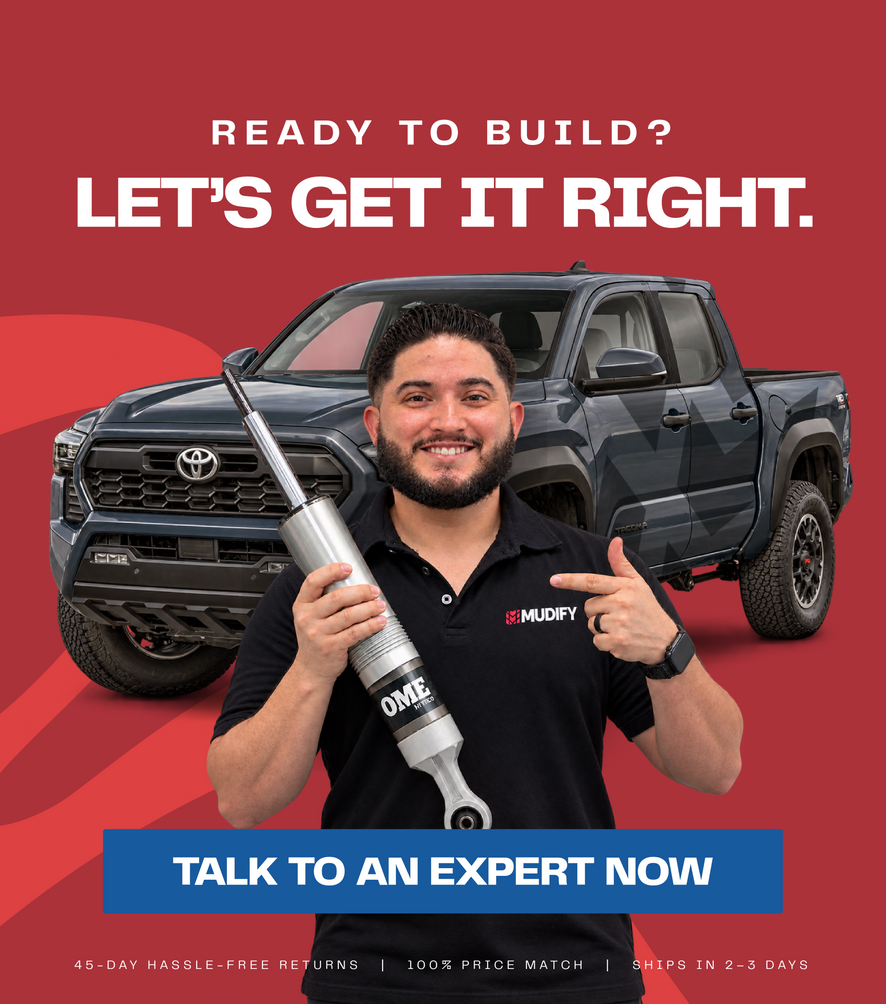 Graphic showing a man holding an OME shock beside a Toyota Tundra, with text Ready to Build? Let’s Get It Right.