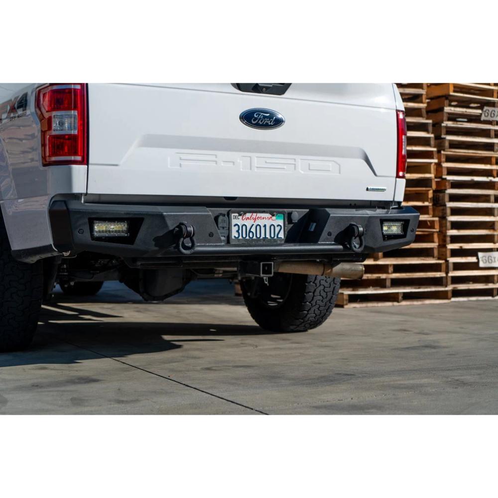 Body Armor 4x4 18-20 Ford F-150 (Ex. Raptor) Ambush Rear Bumper - Black heavy-duty steel with D-ring mounts and LED cube lights