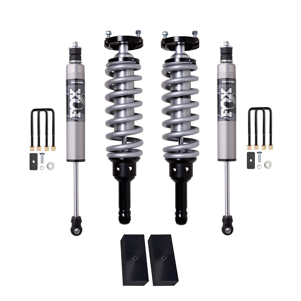 FOX 2.5 Performance 0-2 inch Lift Kit for Tacoma (05-15) with heavy-duty coilover shocks, remote reservoirs, and leveling blocks