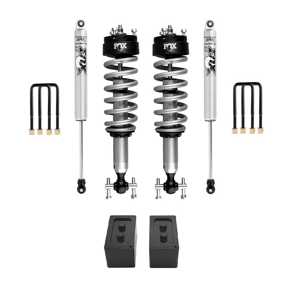 FOX 2.0 Performance 0-2 inch Lift Kit for F-150 4WD (21-ON) with heavy-duty coilovers, shocks, blocks, and U-bolts by Fox
