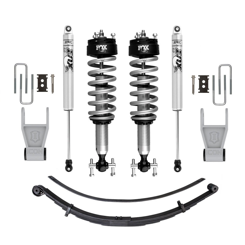 FOX 2.0 Performance 0-2 inch Lift Kit for F-150 4WD (14-20) with high-performance coilovers, shocks, leaf springs, and hardware components