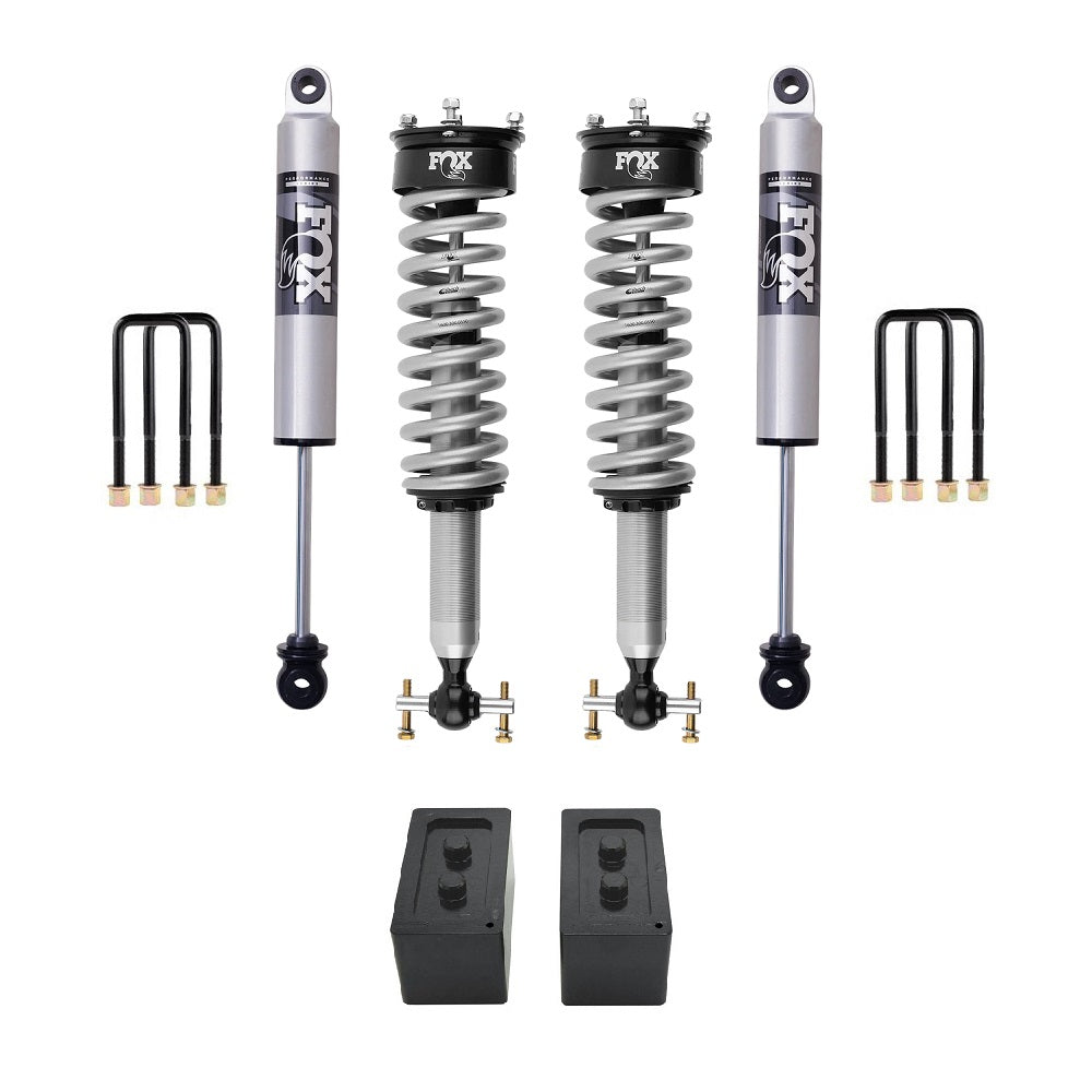 FOX 2.5 Performance 0-2.5 inch Lift Kit for F-150 4WD (21-ON) with coilover shocks, blocks, and heavy-duty U-bolts