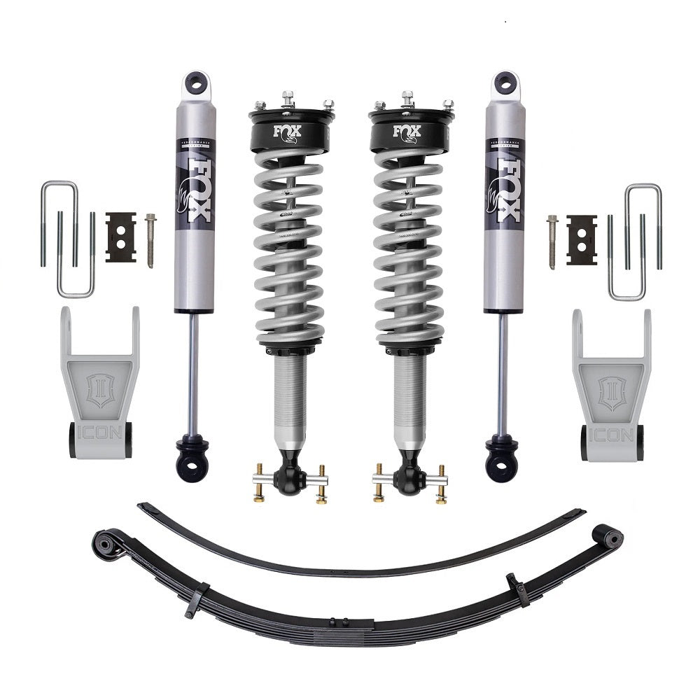 FOX 2.5 Performance 0-2.5 inch Lift Kit for F-150 4WD (15-20) - Excl. CCD Electronic Suspension with coilovers, shocks, leaf springs, and hardware components by Fox