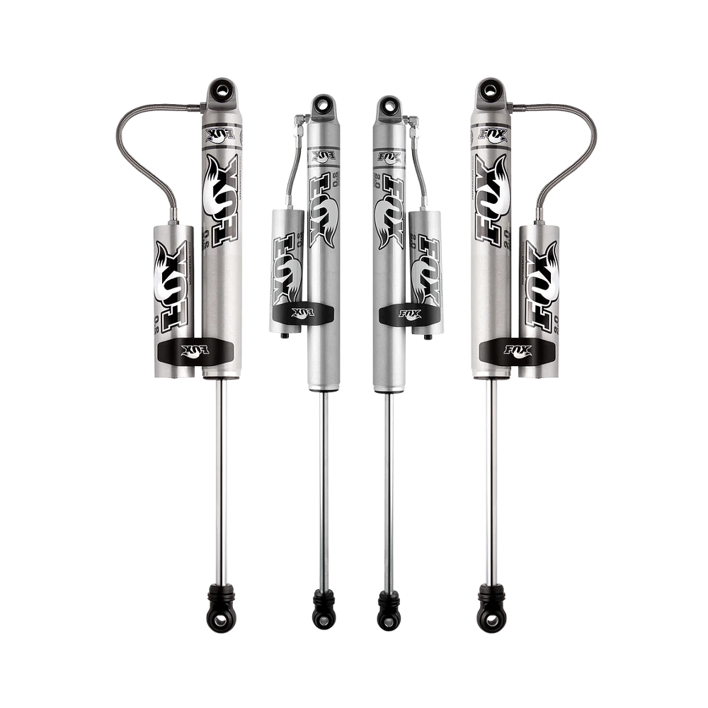 FOX suspension shocks with remote reservoirs and black and silver finish