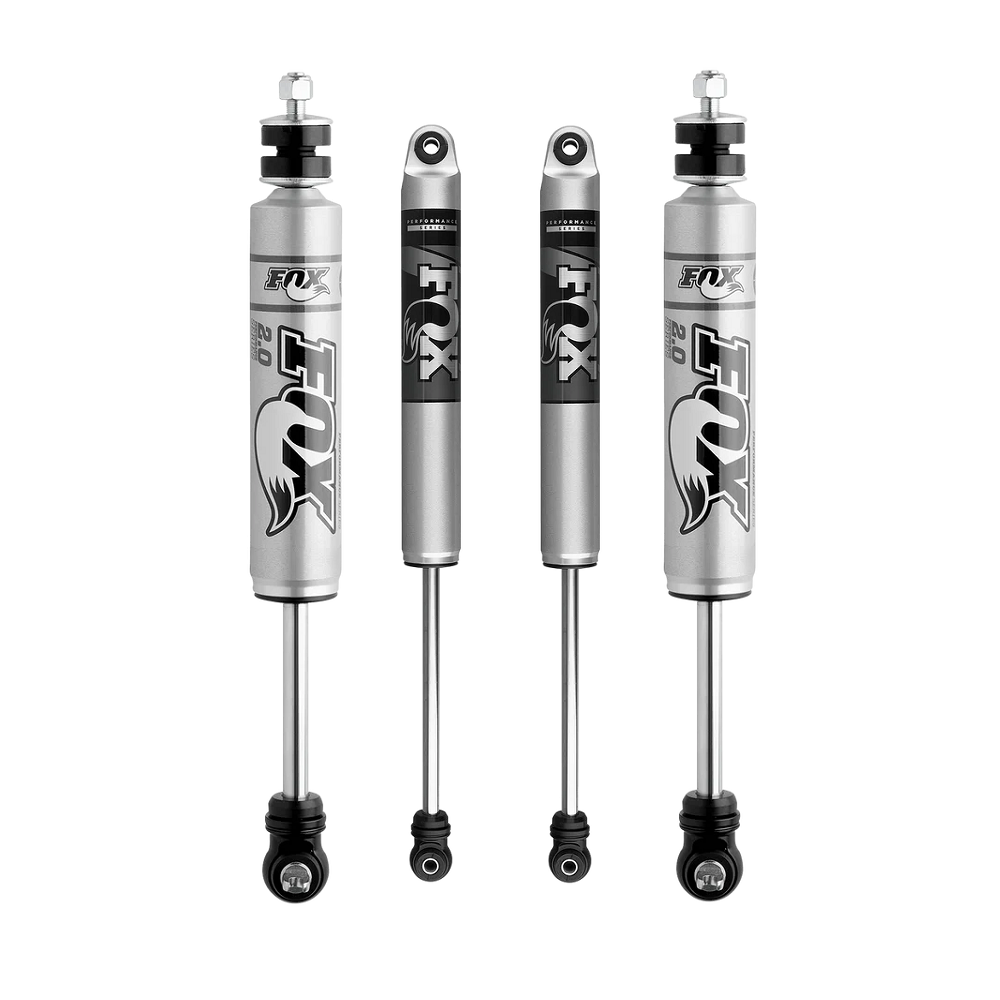 FOX 2.0 Performance 2-3 inch Shocks Set for Ford Ranger (98-13) RWD, four silver off-road suspension shocks