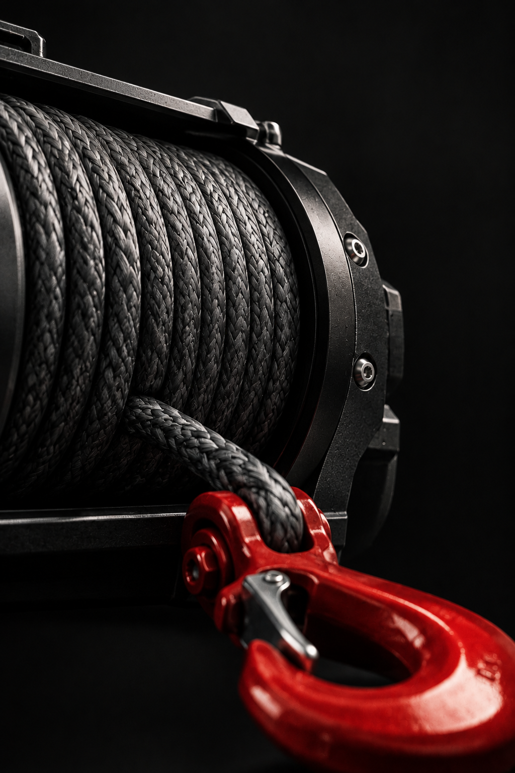 Off-road winch with braided synthetic rope and red metal recovery hook
