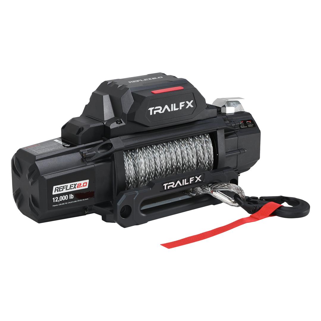 TrailFX Reflex 2.0 Synthetic Rope Winch WRS212B with 12,000 lb capacity, synthetic rope, hawse fairlead, and clevis hook