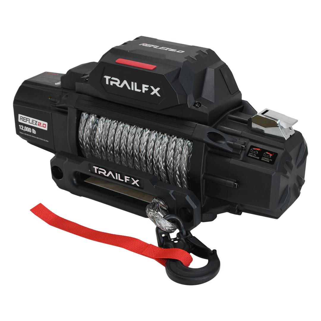 TrailFX Reflex 2.0 Synthetic Rope Winch WRS212B with 12,000 lb synthetic rope, upgraded hawse fairlead, and clevis hook