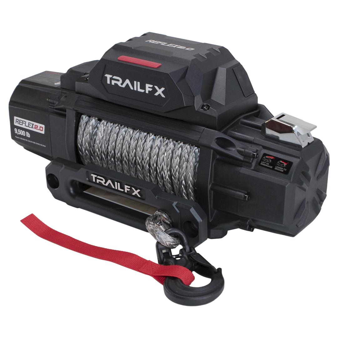 TrailFX Reflex 2.0 Synthetic Rope Winch WRS295B with 9,500 lb capacity, Dyneema synthetic rope, clevis hook, and wired remote control