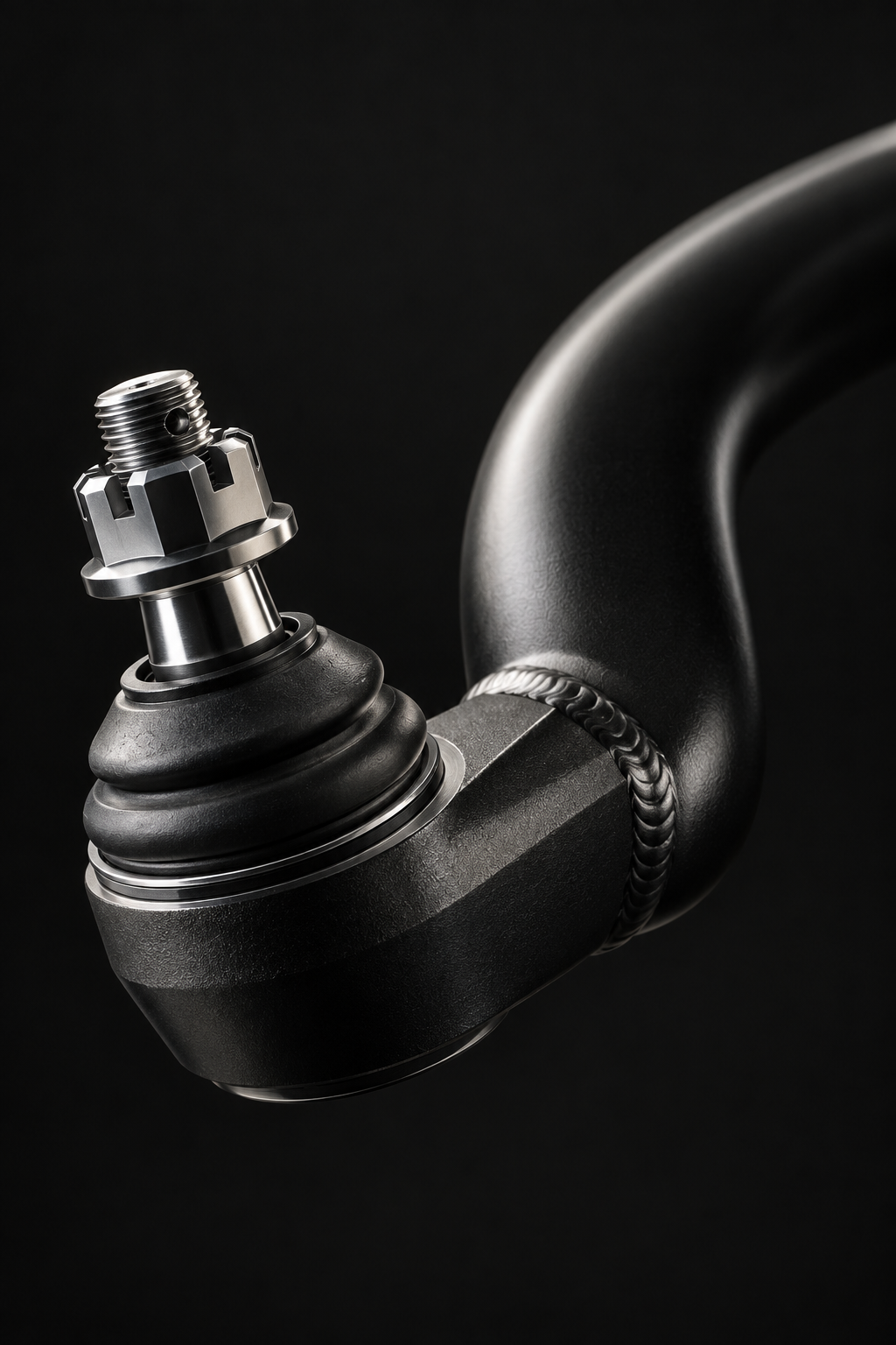 Heavy-duty forged steering tie rod end with threaded stud and welded curved shaft against a black background