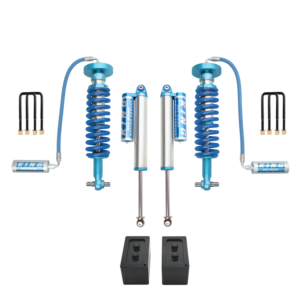 King Shocks KING 2-3 inch Lift Kit for F-150 (15-ON) with remote reservoir coilover shocks, leaf springs, and hardware