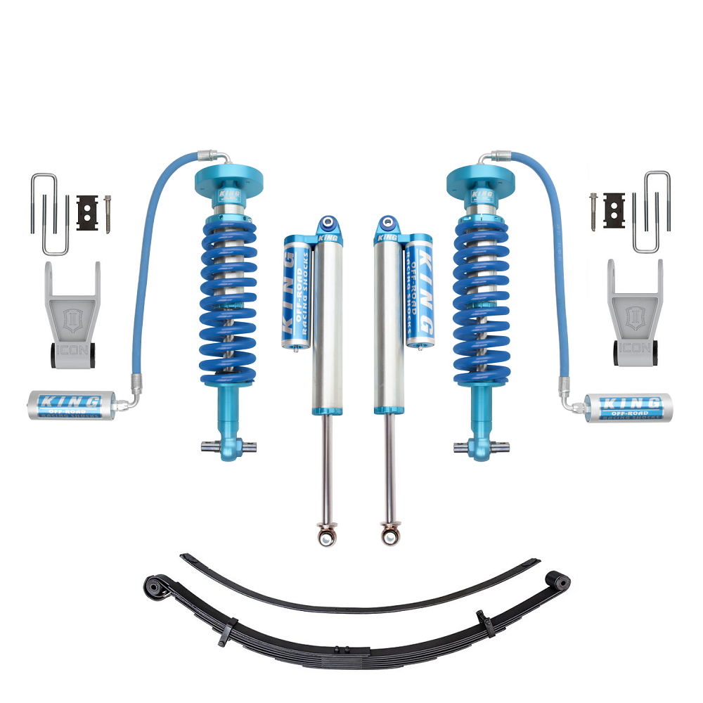 King Shocks KING 2-3 inch Lift Kit for F-150 (15-ON) with heavy-duty coilover shocks, remote reservoirs, and leaf springs