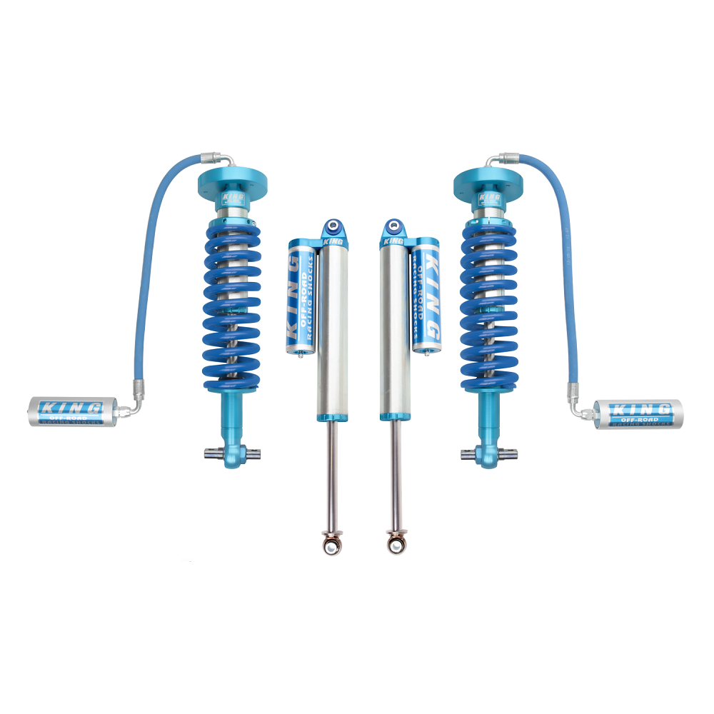 King Shocks KING 2-3 inch Lift Kit for F-150 (15-ON) with high-performance remote reservoir coilover shocks and heavy-duty suspension components.