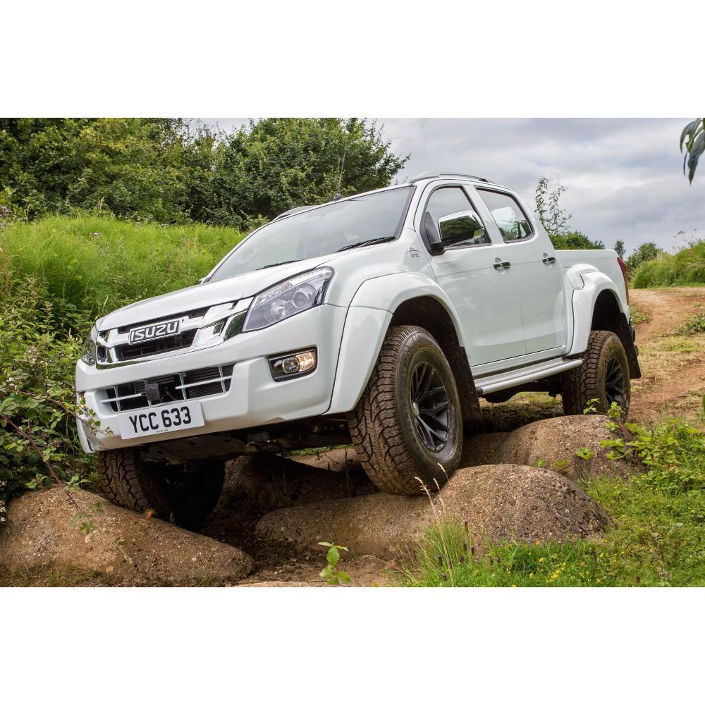Old Man Emu OME Nitro+ 2 inch Lift Kit for D-Max (12-20 Diesel Models) fitted on lifted white Isuzu D-Max off-road truck