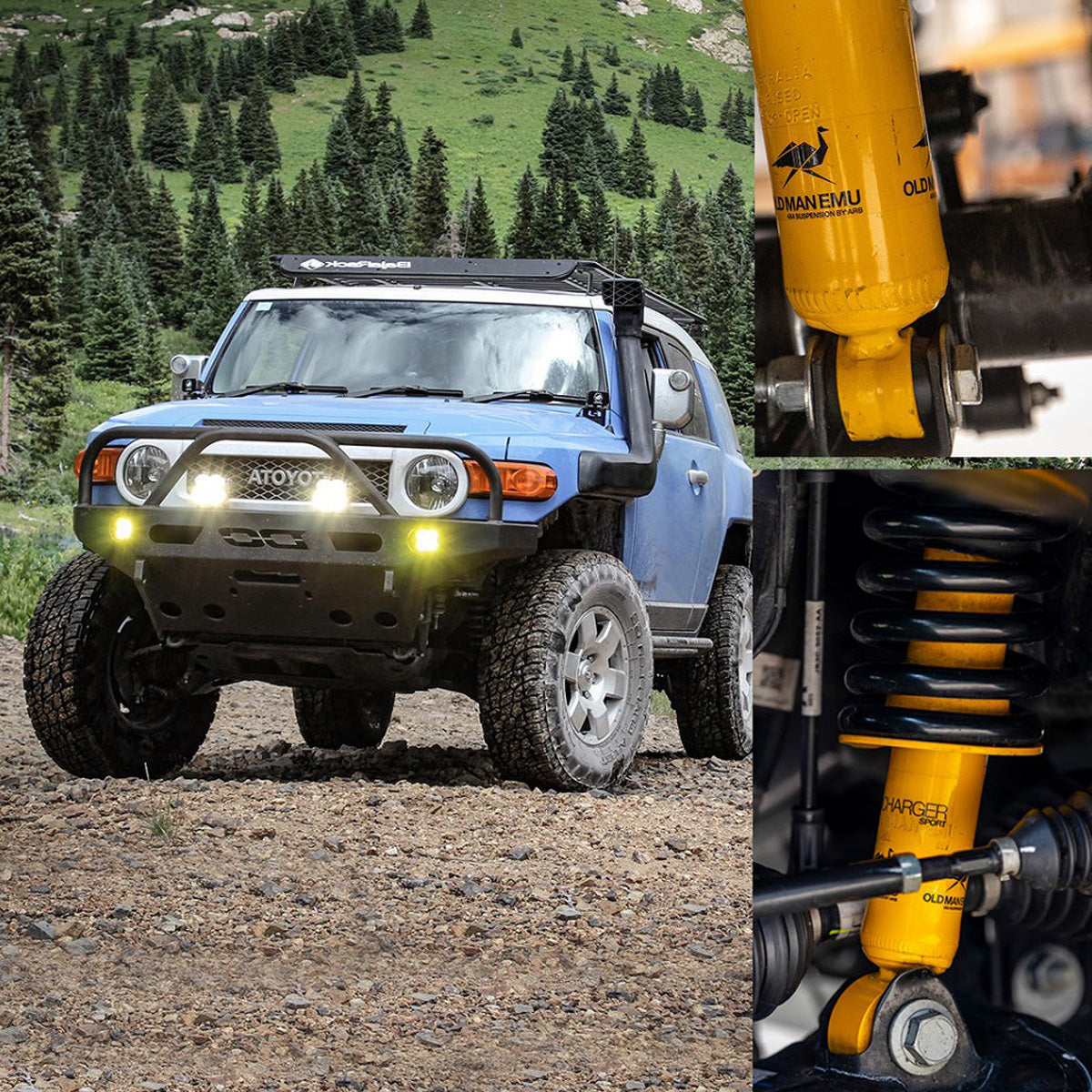 Upgrade your Toyota FJ Cruiser with the OME 2 inch Lift Kit for FJ Cruiser (03-09) by Old Man Emu, featuring Nitrocharger shocks for increased ground clearance.