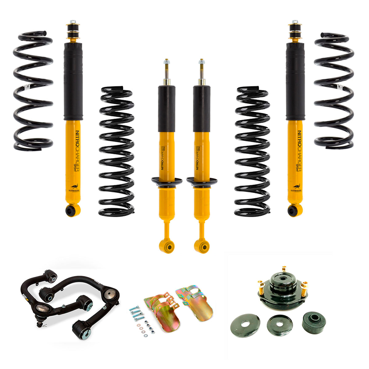 An Old Man Emu OME 3 inch Lift Kit for FJ Cruiser (10-ON) - Front Shocks Assembly with springs that enhances ground clearance and improves the overall suspension system.
