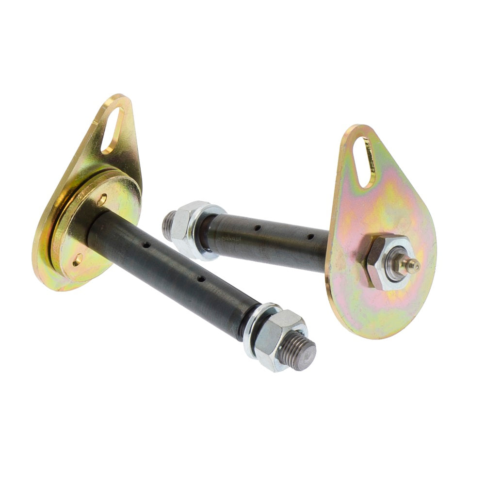 A pair of metal brackets on a white background featuring Old Man Emu Greasable Fixed End Kit OMEGP7 on Toyota LandCruiser 78 & 79 Series.