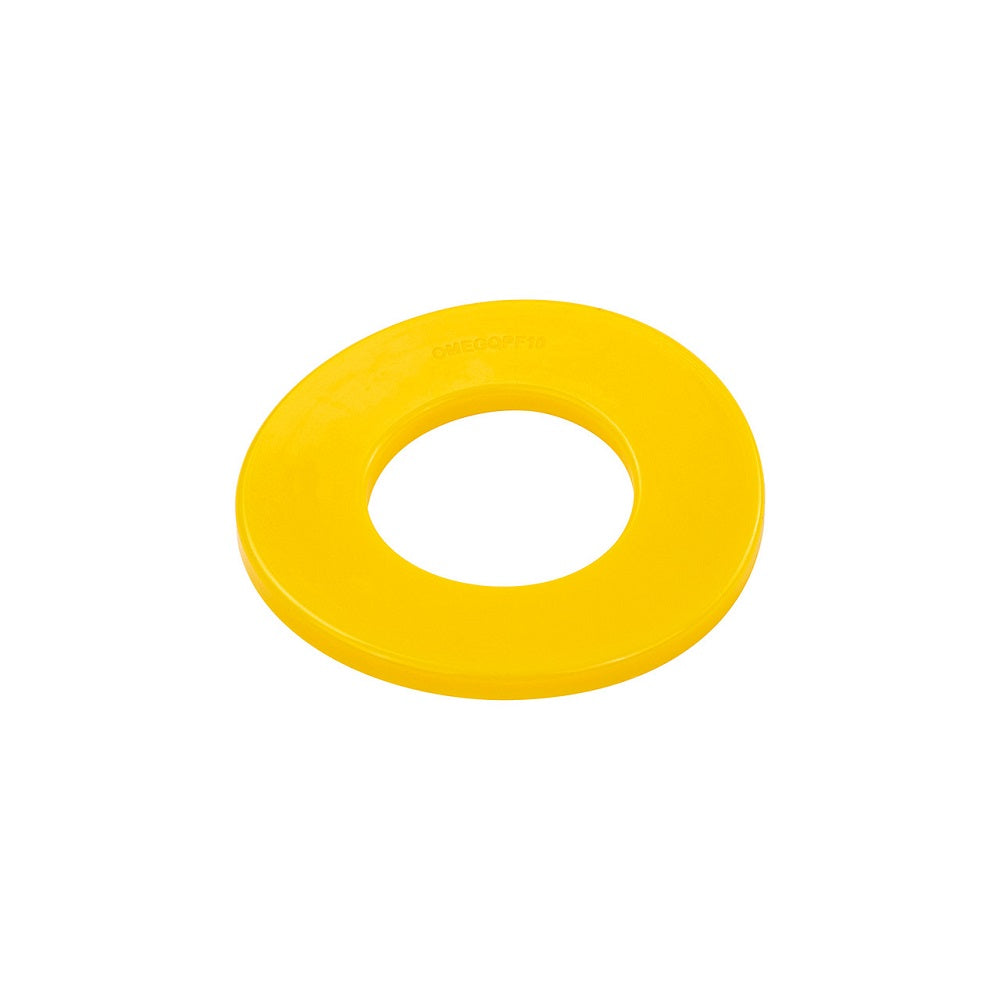 A yellow plastic ring on a white background, enhanced with Old Man Emu Coil Spring Trim Packer 10mm OMEGQPF10 suspension and 4X4 shock absorbers.