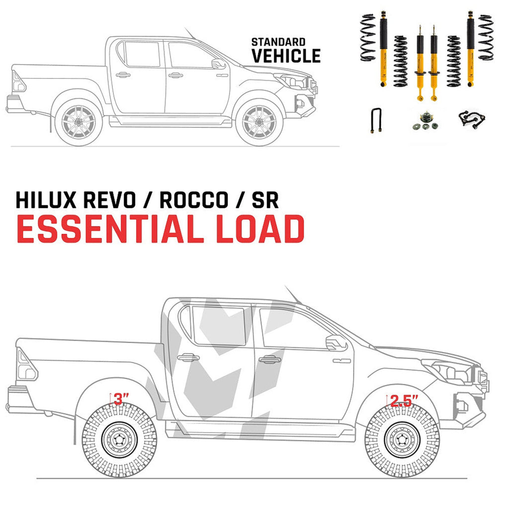 The OME 2.5 - 3 inch Essentials Lift Kit for Hilux Revo, Rocco, SR5 (15-22) - Front Shocks Assembly features an Old Man Emu suspension system, providing increased ground clearance and superior off-road performance. With Nitrocharger shocks, this kit.