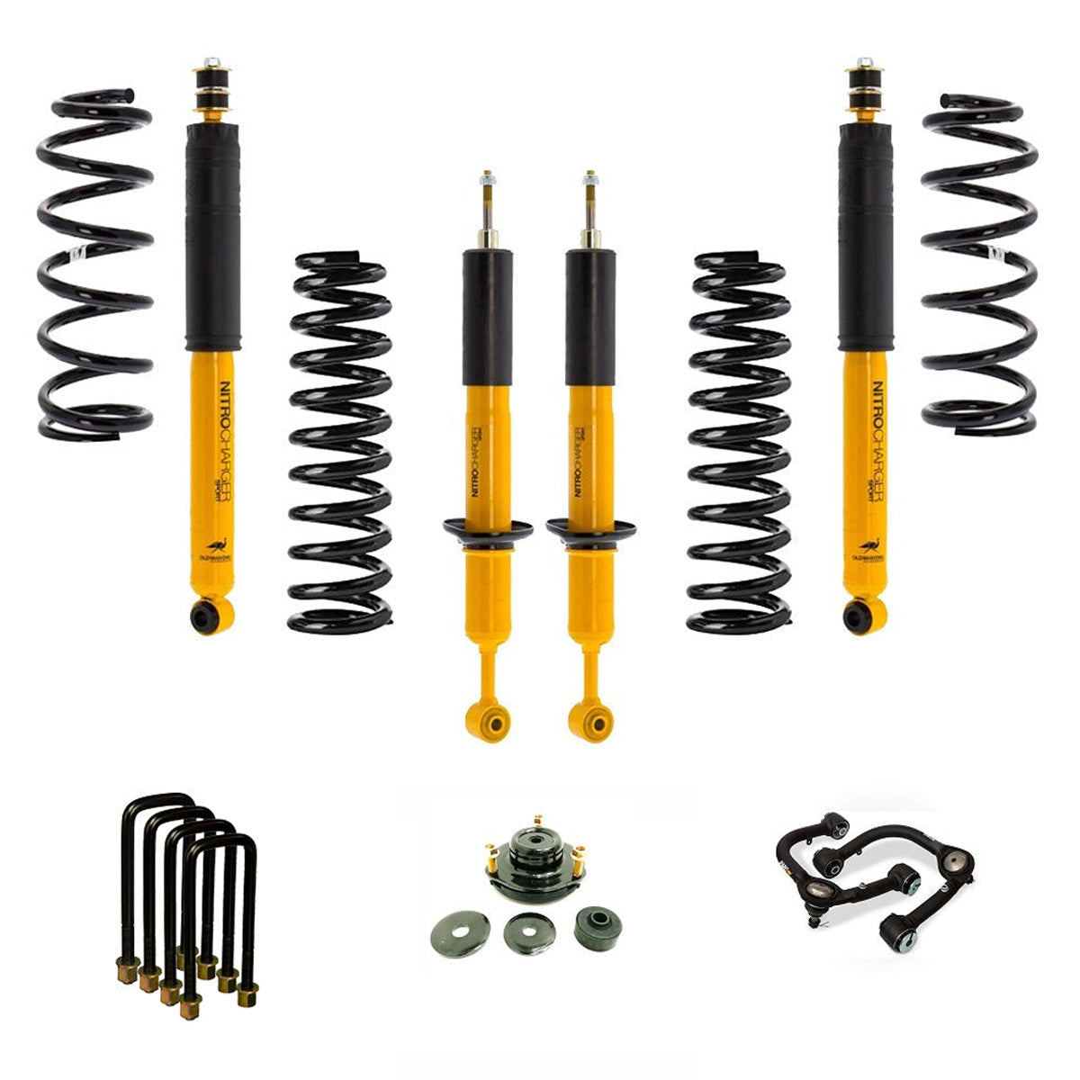 The OME 2.5 - 3 inch Essentials Lift Kit for Hilux Revo, Rocco, SR5 (15-22) - Front Shocks Assembly by Old Man Emu suspension system provides increased ground clearance with the help of Nitrocharger shocks.
