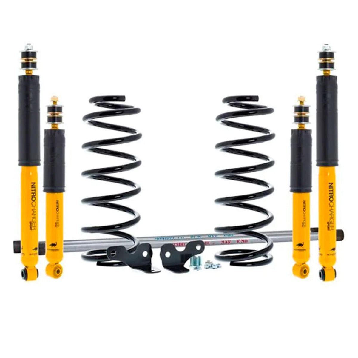 A suspension kit with the OME 2 inch Lift Kit for LandCruiser 100 Series, Lexus LX470 (98-07 Diesel Models) from Old Man Emu suspension system and Nitrocharger shocks, designed to provide improved ground clearance.
