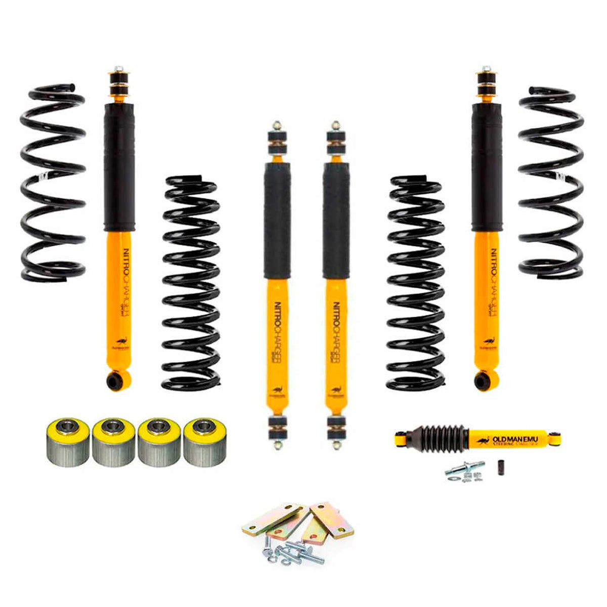 A suspension system with the OME 2 inch Lift Kit for LandCruiser 80 & 105 Series (90-07) by Old Man Emu to enhance ground clearance for the Jeep Wrangler.