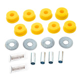 Old Man Emu Lower Control Arm Bushing Kit OMESB0047 with yellow polyurethane bushings, steel sleeves, washers, and lubricant for suspension upgrades