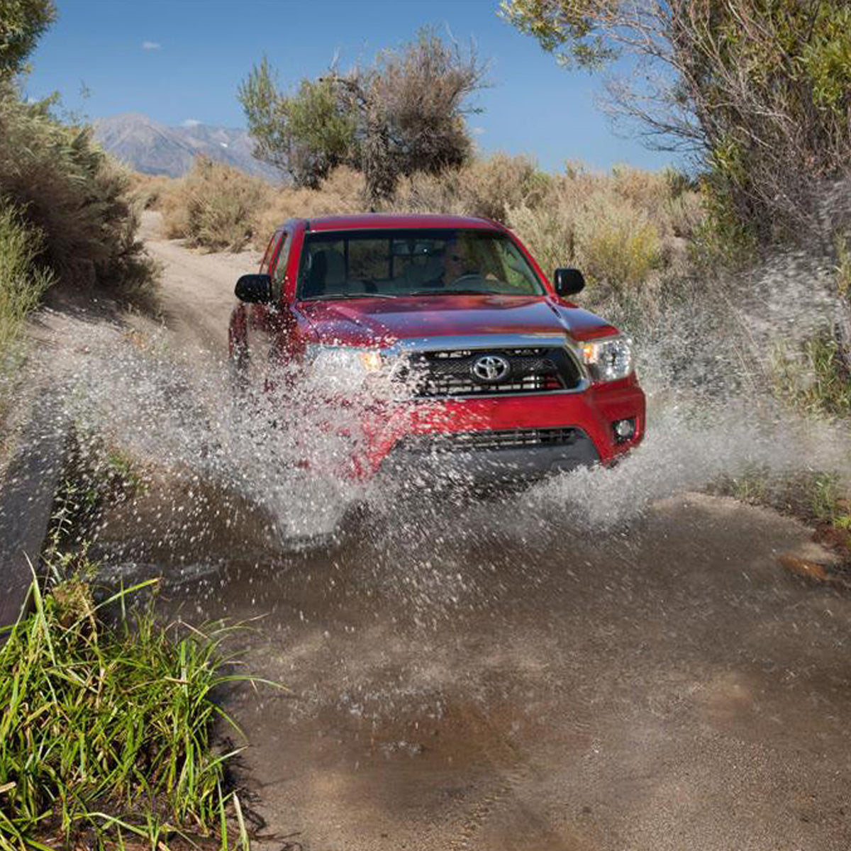 A red Toyota Tacoma with an Old Man Emu OME 2.5 inch Lift Kit for Tacoma (05-15) - Front Shocks Assembly is driving down a dirt road, demonstrating impressive ground clearance and suspension articulation.