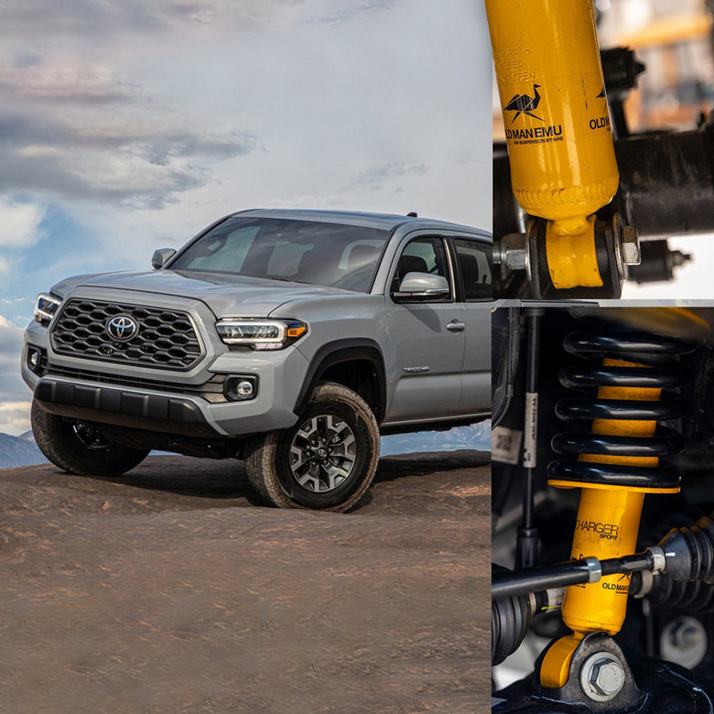 The 2019 Toyota Tacoma is equipped with an impressive suspension system featuring the OME 3 inch Essentials Lift Kit for Tacoma (16-23) by Old Man Emu. This setup enhances the truck's ground clearance and improves suspension articulation for a smoother ride.