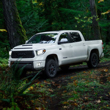 Load image into Gallery viewer, The white 2019 Toyota Tundra is driving through the woods, equipped with an OME 2.5 inch Essentials Lift Kit for Tundra (07-21) by Old Man Emu for increased ground clearance and fitted with Nitrocharger shocks.