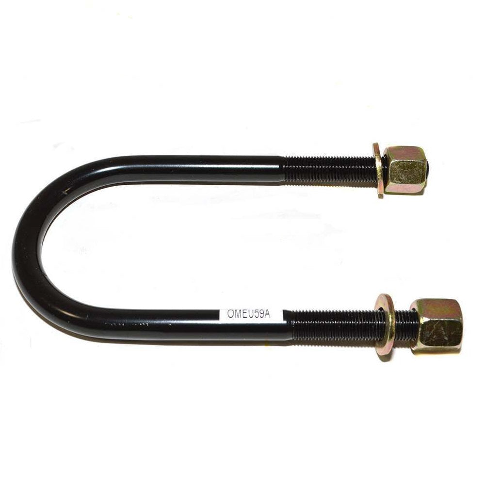 A pair of black ARB Old Man Emu Leaf Spring U-Bolt OMEU59A sway bars with suspension on a white background.
