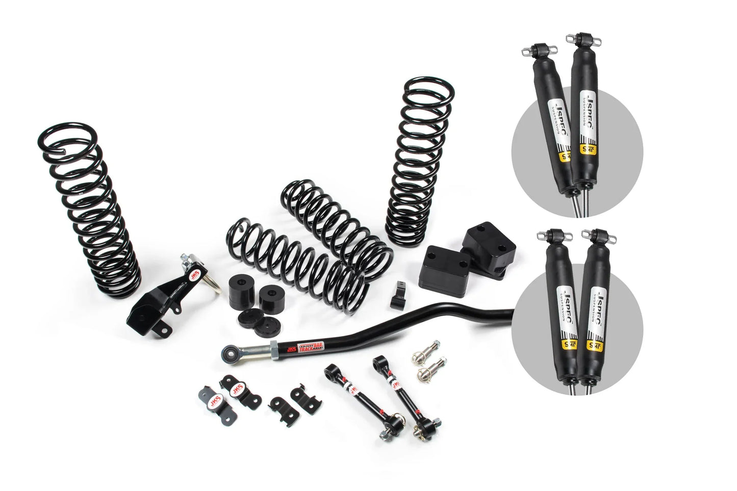A suspension system with springs, the JKS 3.5 Inch Jeep Wrangler JK (06-18) 2 Door J-Venture Lift Kit by JKS, offering improved offroad articulation for a jeep.