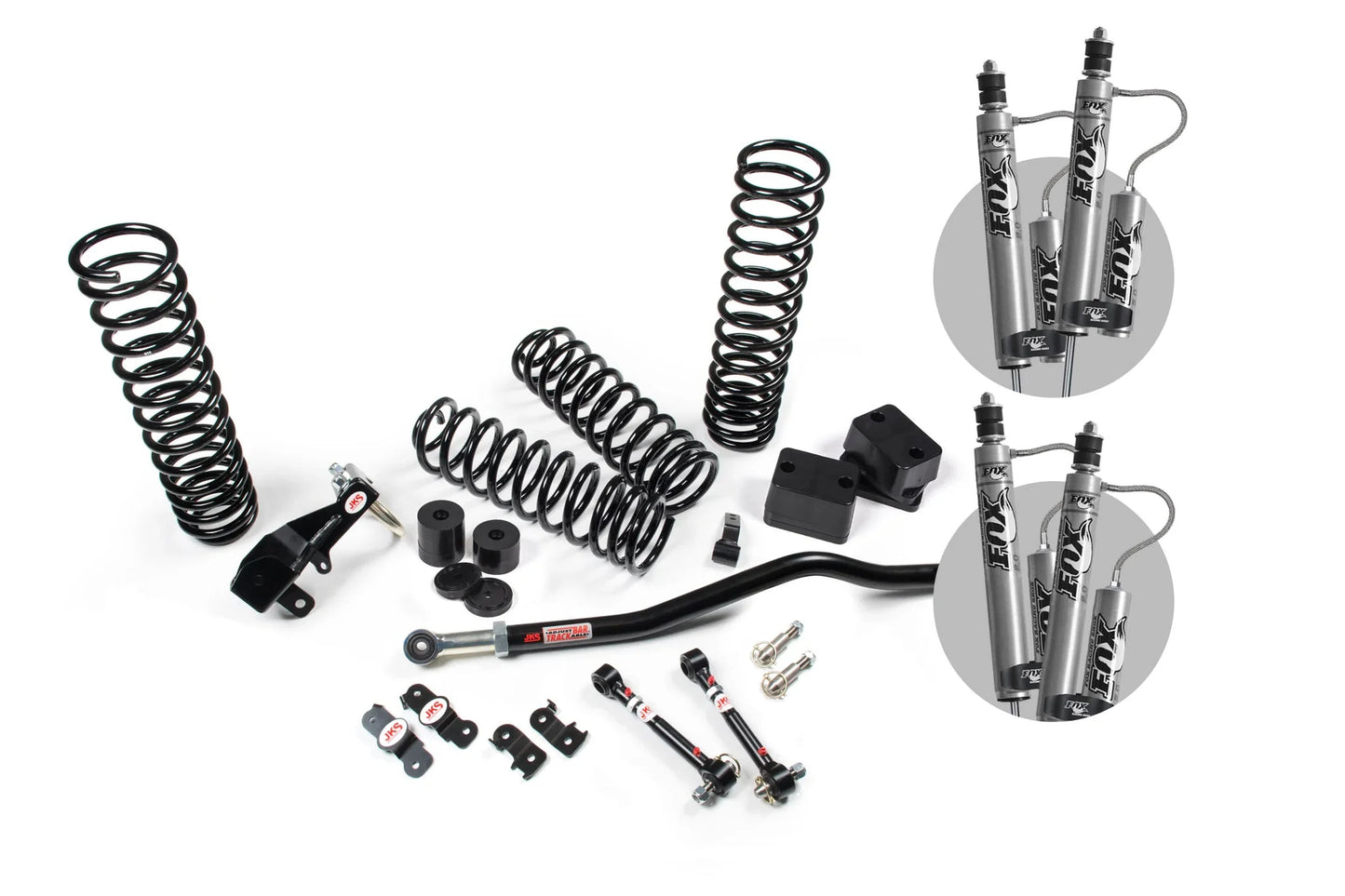 A JKS 2.5 Inch Jeep Wrangler JK (06-18) 4 Door J-Venture Lift Kit for a jeep with offroad articulation and springs.