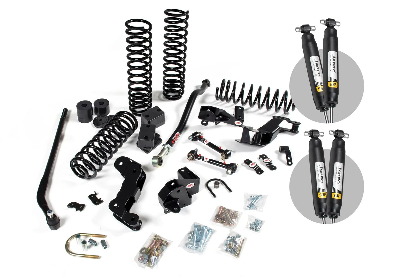 A JKS 3.5 Inch Jeep Wrangler JK (06-18) 2 Door J-Kontrol Lift Kit for a jeep designed to enhance offroad articulation and improve steering angles.