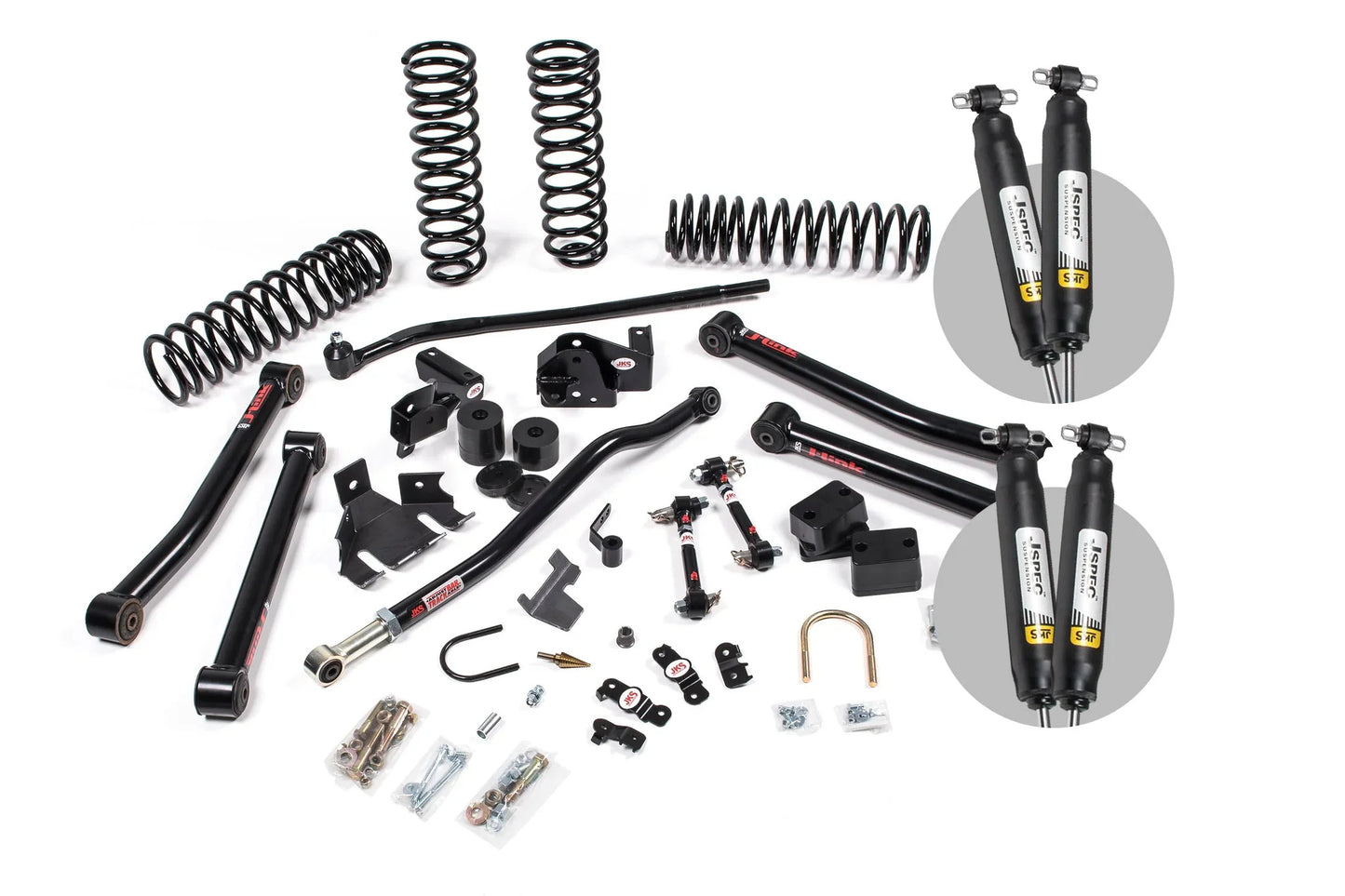 A JKS suspension system with springs designed to enhance offroad articulation and steering angles for a Jeep Wrangler JK (06-18) 4 Door J-Konnect Lift Kit.