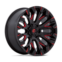 Fuel 1PC D829 Quake 20x9 1mm wheel in gloss black with milled red tint, designed for 6-lug trucks and SUVs.