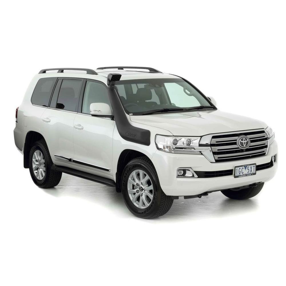 ARB Safari VSPEC Snorkel Intake Kit SS89HF installed on white 2015+ Toyota Landcruiser 200 series with roof rails