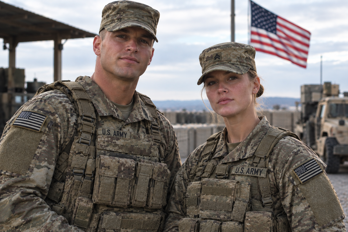 Two US Army soldiers in camouflage uniforms pose near an American flag and military vehicle