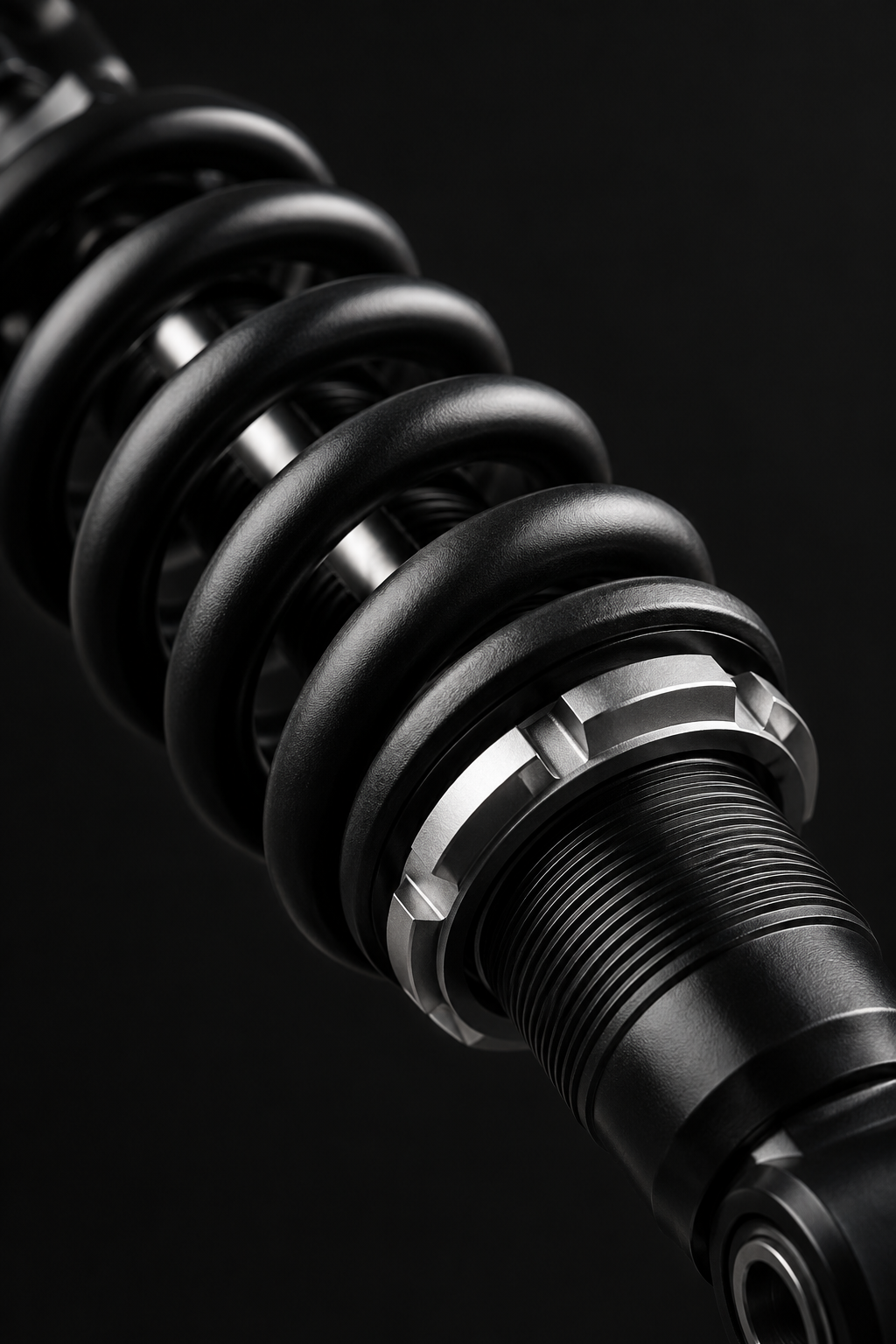 Close-up of a black coilover suspension shock with a threaded body and adjustable spring collar