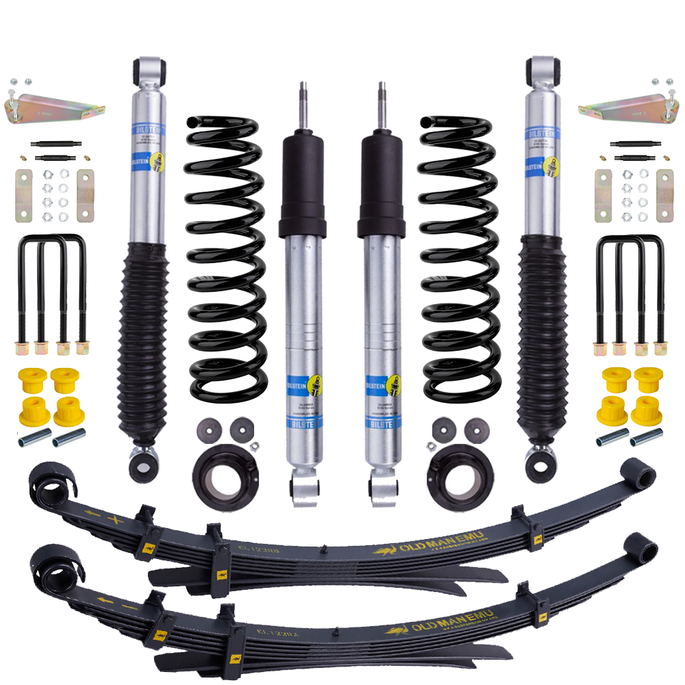 Bilstein B8 5100 2 inch Tacoma 4WD (98-04) Lift Kit w/ OME Springs includes shocks, springs, leaf springs, and hardware.