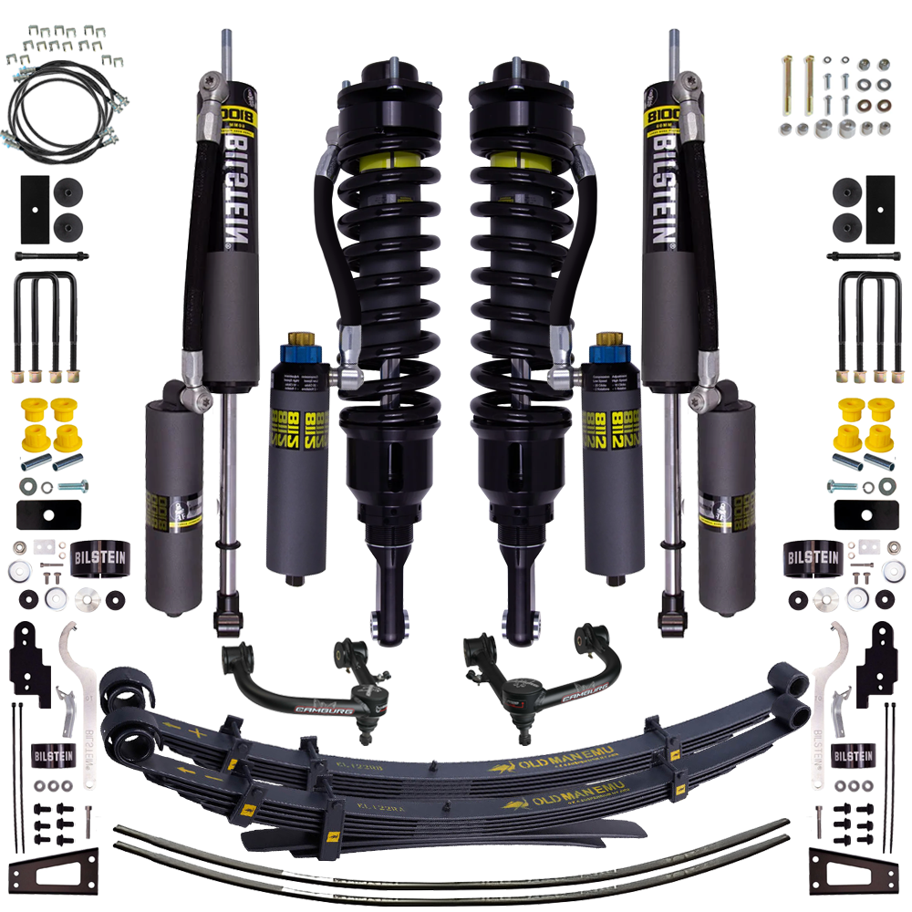 Bilstein heavy-duty suspension components with shocks, coil springs, leaf springs, U-bolts, and mounting hardware